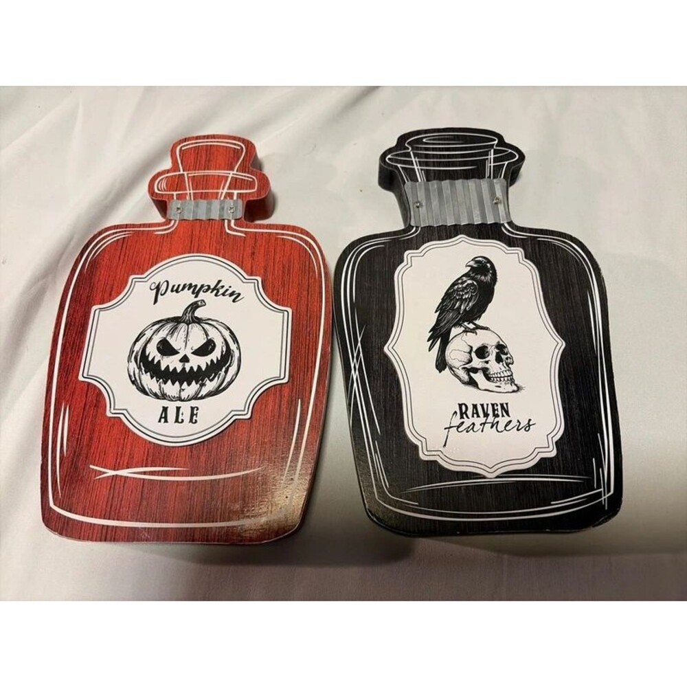 Halloween Fall Decor wood bottle Raven and Pumpkin